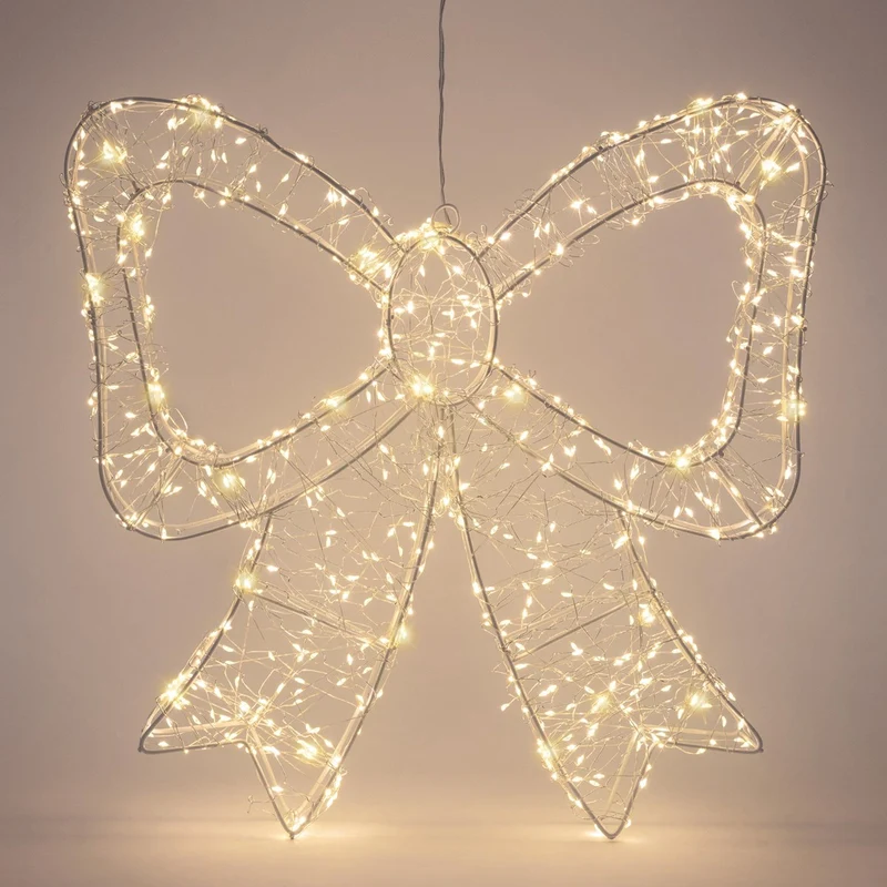 ECD Germany | LED Deko Schleife mit Timer 720 LED 46 cm Metall Warmweiß LED Schleife Weihnachten Weihnachtsdeko Weihnachtsbeleuchtung Außen