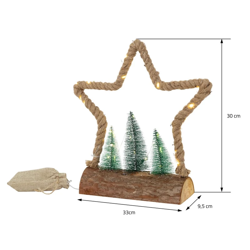 ECD Germany | LED Jute Stern aus Seil, Weihnachtsdeko mit warmweißen LEDs, 3 Tannen und Jutesäckchen, Batteriebetrieb mit Timer