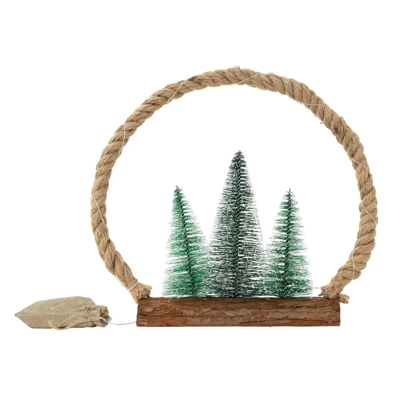 ECD Germany | LED Jute Kreis aus Seil Weihnachtsdeko mit warmweißen LEDs 3 Tannen Jutesäckchen Batteriebetrieb mit Timer