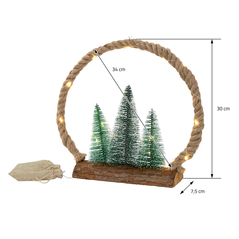 ECD Germany | LED Jute Kreis aus Seil Weihnachtsdeko mit warmweißen LEDs 3 Tannen Jutesäckchen Batteriebetrieb mit Timer