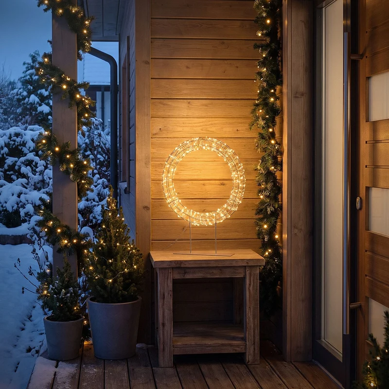 ECD Germany | LED Weihnachtskranz mit Sockel Metall Warmweiß Kranz Lichterkranz Weihnachtsdeko mit Lichterkette Weihnachtsbeleuchtung Außen