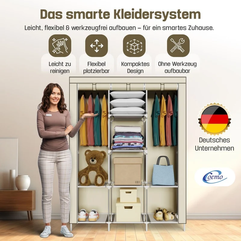 Coemo faltbarer Kleiderschrank Stoffschrank, Stahlgestell, mit 2 Kleiderstangen, Regalen, 8 Ablageflächen