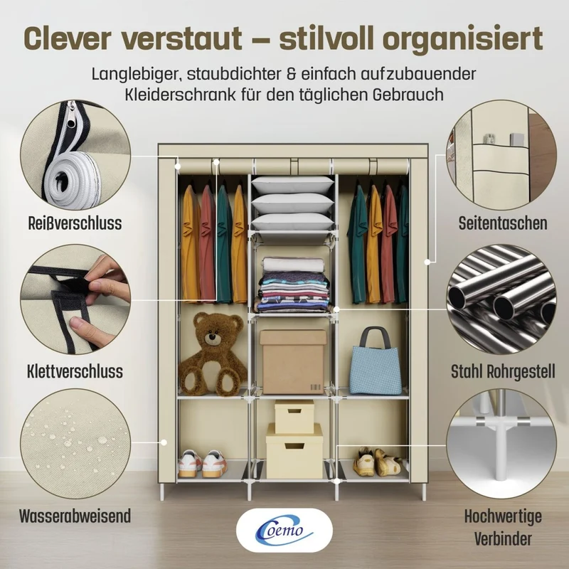 Coemo faltbarer Kleiderschrank Stoffschrank, Stahlgestell, mit 2 Kleiderstangen, Regalen, 8 Ablageflächen