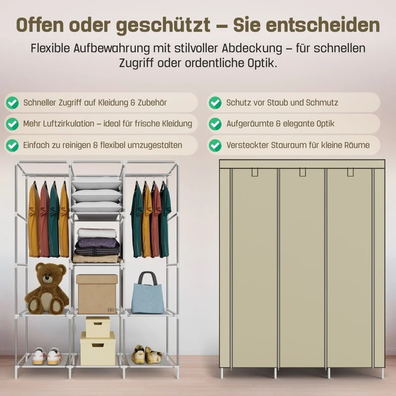 Coemo faltbarer Kleiderschrank Stoffschrank, Stahlgestell, mit 2 Kleiderstangen, Regalen, 8 Ablageflächen