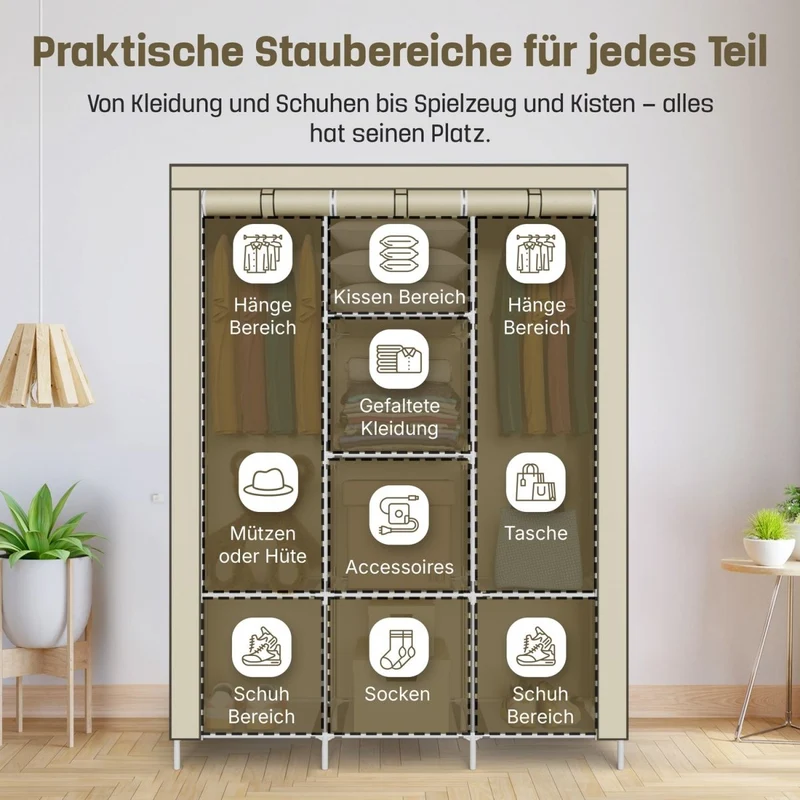 Coemo faltbarer Kleiderschrank Stoffschrank, Stahlgestell, mit 2 Kleiderstangen, Regalen, 8 Ablageflächen
