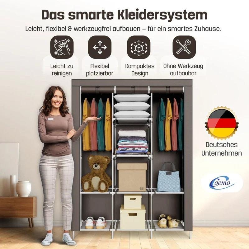 Coemo faltbarer Kleiderschrank Stoffschrank, Stahlgestell, mit 2 Kleiderstangen, Regalen, 8 Ablageflächen