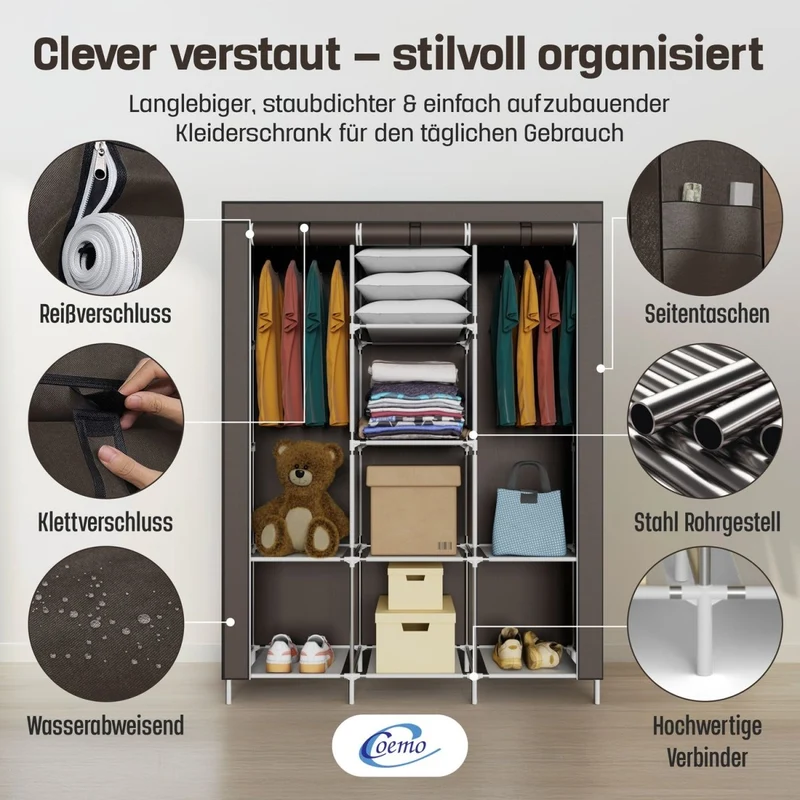 Coemo faltbarer Kleiderschrank Stoffschrank, Stahlgestell, mit 2 Kleiderstangen, Regalen, 8 Ablageflächen