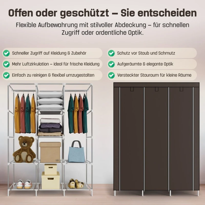 Coemo faltbarer Kleiderschrank Stoffschrank, Stahlgestell, mit 2 Kleiderstangen, Regalen, 8 Ablageflächen