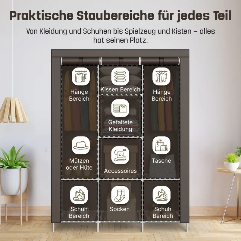 Coemo faltbarer Kleiderschrank Stoffschrank, Stahlgestell, mit 2 Kleiderstangen, Regalen, 8 Ablageflächen