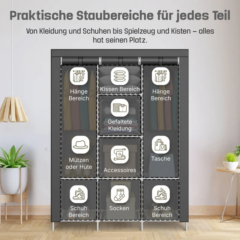 Coemo faltbarer Kleiderschrank Stoffschrank, Stahlgestell, mit 2 Kleiderstangen, Regalen, 8 Ablageflächen