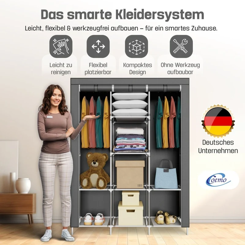 Coemo faltbarer Kleiderschrank Stoffschrank, Stahlgestell, mit 2 Kleiderstangen, Regalen, 8 Ablageflächen