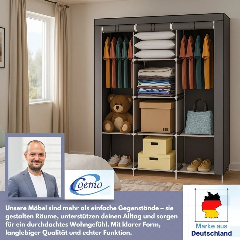 Coemo faltbarer Kleiderschrank Stoffschrank, Stahlgestell, mit 2 Kleiderstangen, Regalen, 8 Ablageflächen