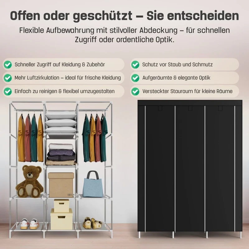 Coemo faltbarer Kleiderschrank Stoffschrank, Stahlgestell, mit 2 Kleiderstangen, Regalen, 8 Ablageflächen