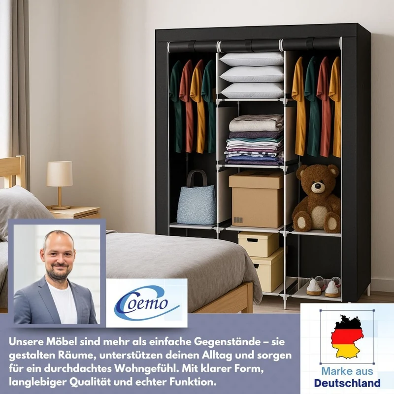 Coemo faltbarer Kleiderschrank Stoffschrank, Stahlgestell, mit 2 Kleiderstangen, Regalen, 8 Ablageflächen