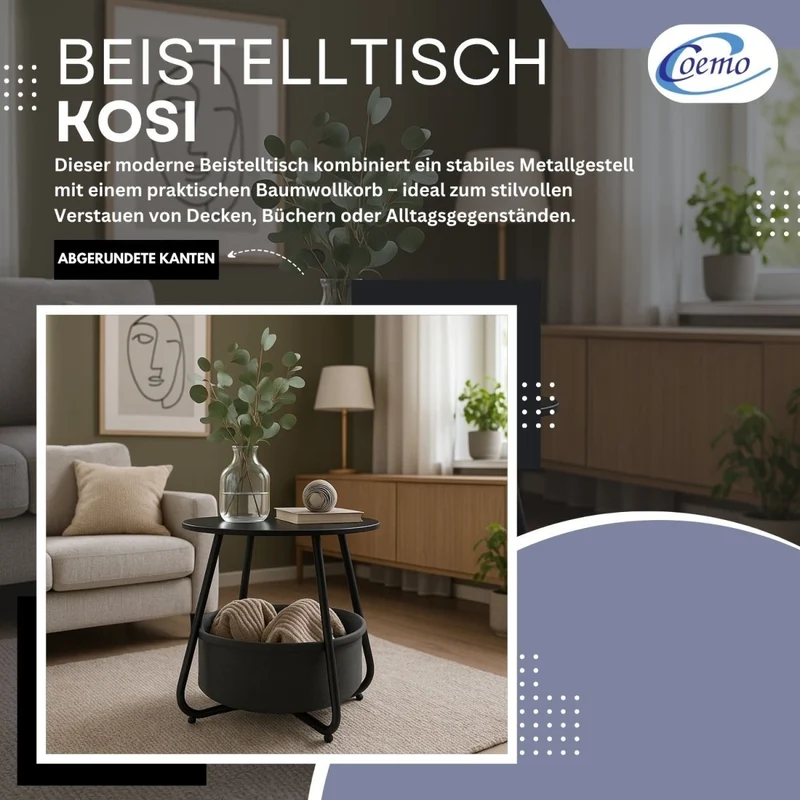 Coemo Beistelltisch Kosi mit Canvas Korb - Metallgestell mit Stoffkorb