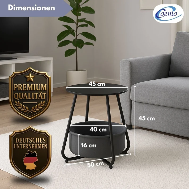 Coemo Beistelltisch Kosi mit Canvas Korb - Metallgestell mit Stoffkorb