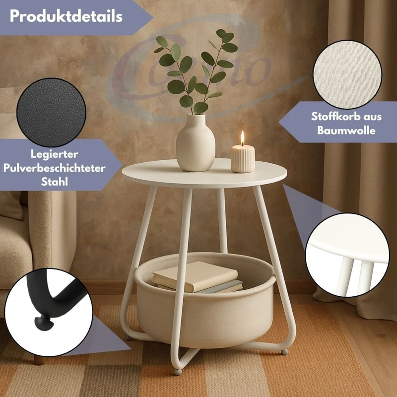 Coemo Beistelltisch Kosi mit Canvas Korb - Metallgestell mit Stoffkorb