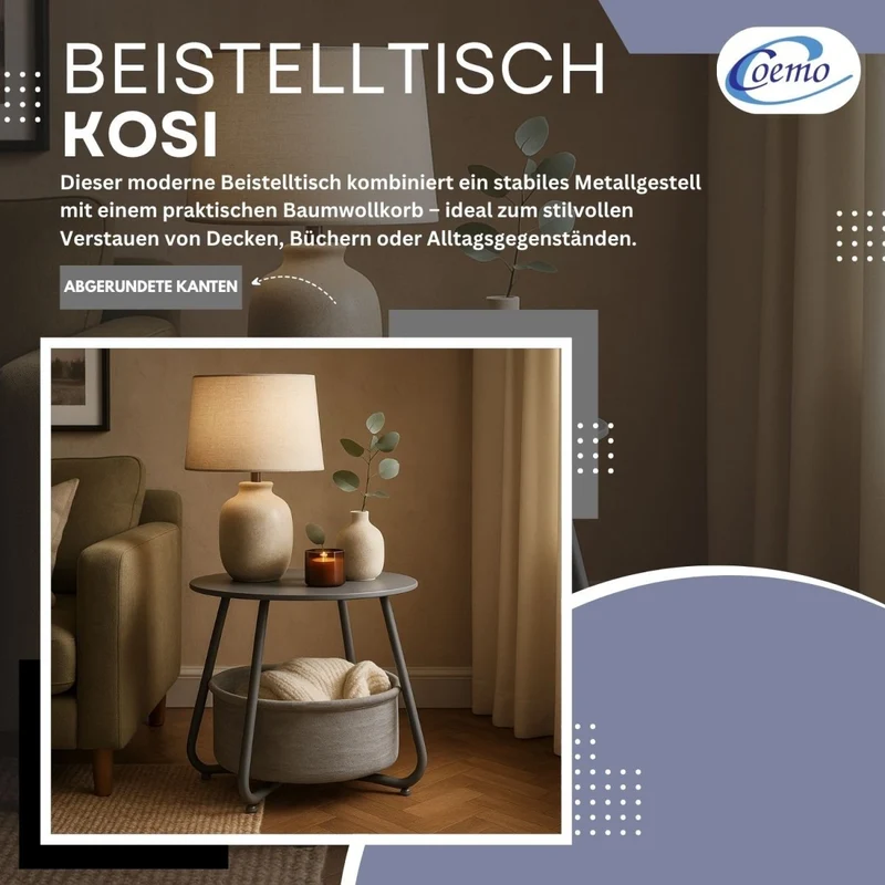 Coemo Beistelltisch Kosi mit Canvas Korb - Metallgestell mit Stoffkorb