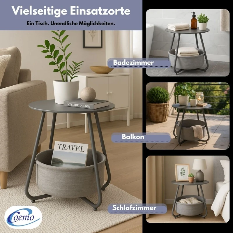 Coemo Beistelltisch Kosi mit Canvas Korb - Metallgestell mit Stoffkorb