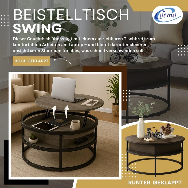 Coemo Beistelltisch Swing aus Metall & Holz mit verstellbarer Tischplatte & Aufbewahrungsfach