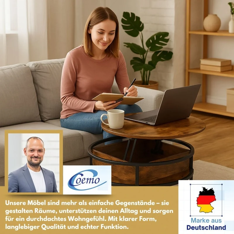 Coemo Beistelltisch Swing aus Metall & Holz mit verstellbarer Tischplatte & Aufbewahrungsfach