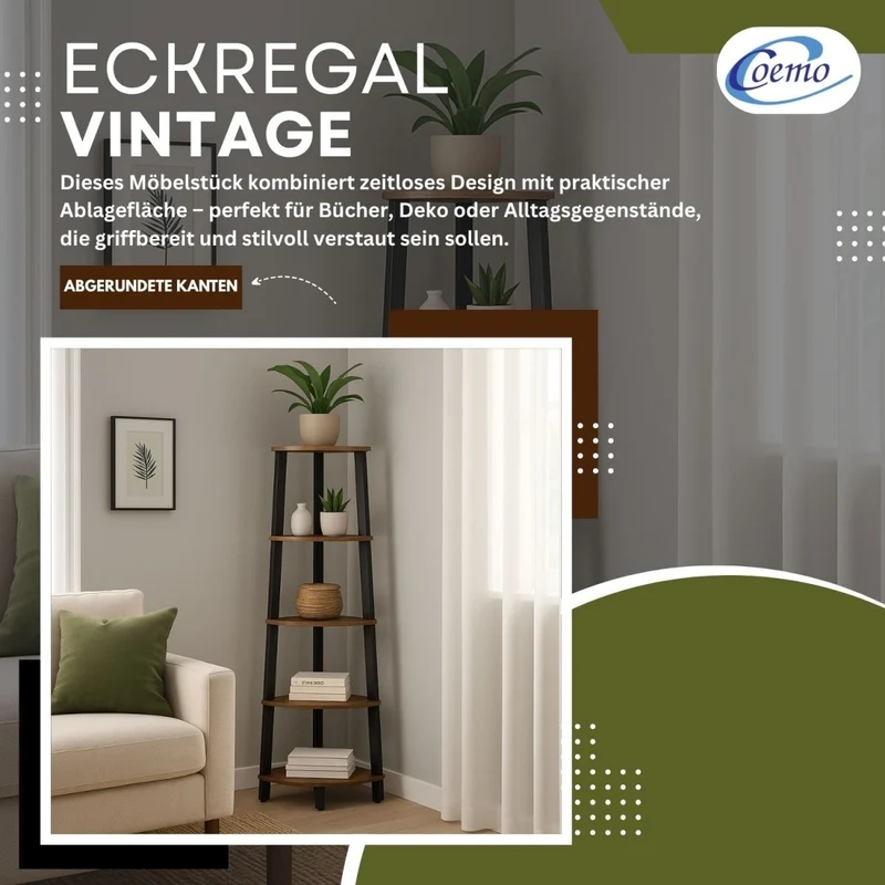Mein-Regal 3-seitiges Eckregal Vintage Metallregal mit 5 Holz Regalböden