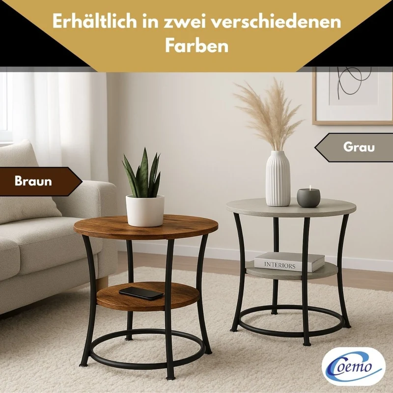Coemo Couchtisch Tamy 2 Ebenen - Holz mit Metallrahmen - Ø 55 cm x 55 cm
