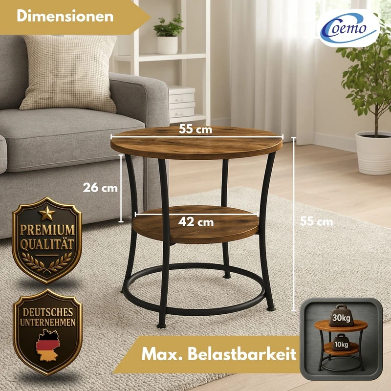 Coemo Couchtisch Tamy 2 Ebenen - Holz mit Metallrahmen - Ø 55 cm x 55 cm