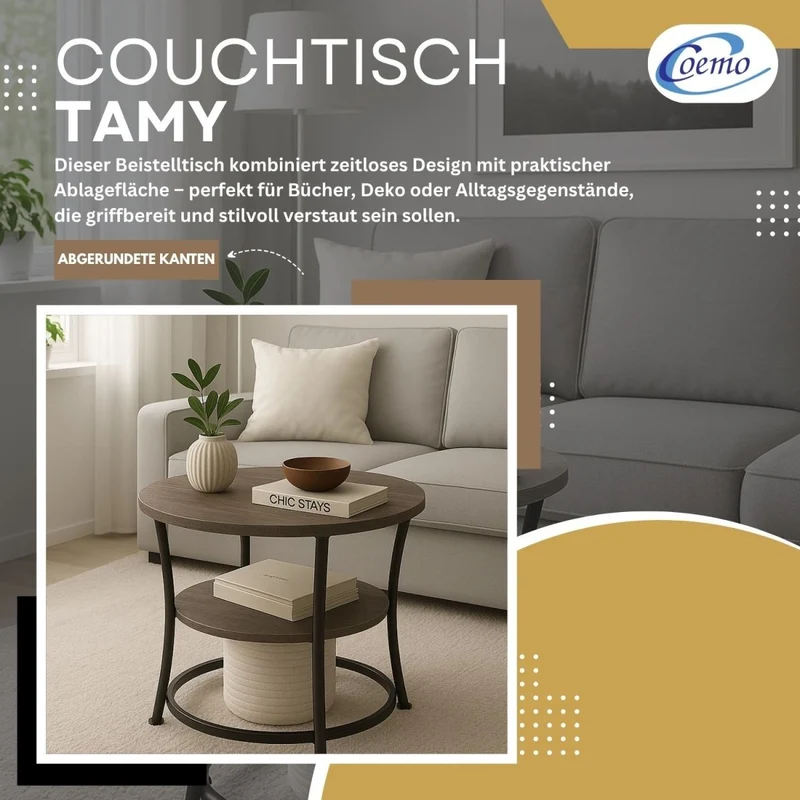 Coemo Couchtisch Tamy 2 Ebenen - Holz mit Metallrahmen - Ø 55 cm x 55 cm