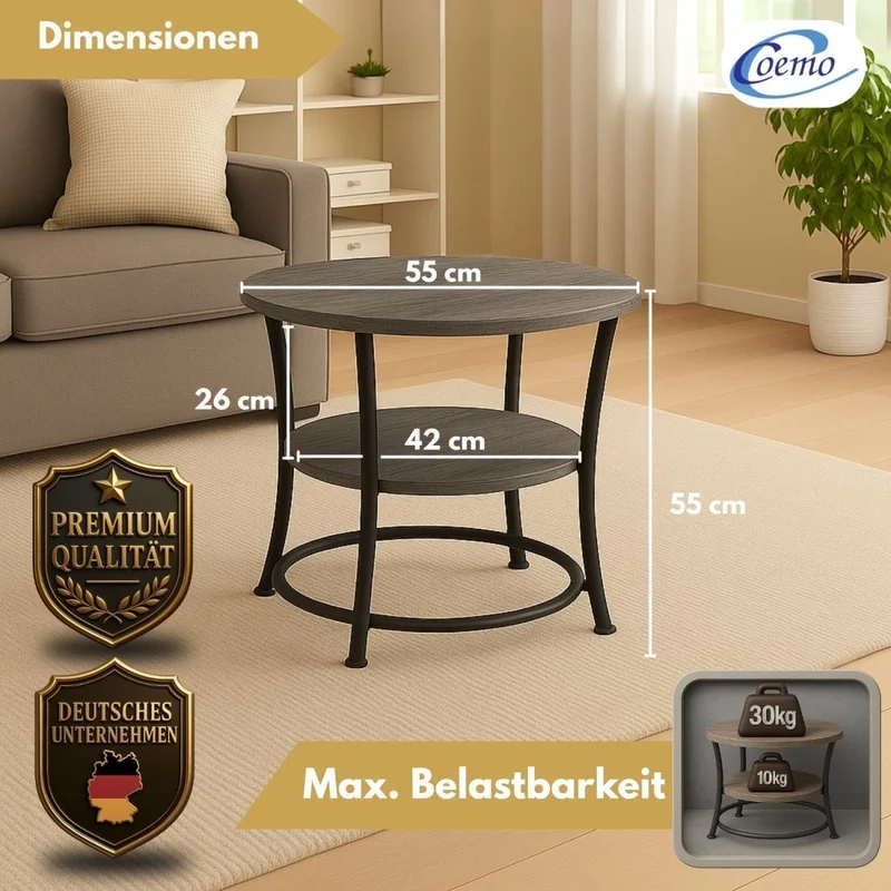 Coemo Couchtisch Tamy 2 Ebenen - Holz mit Metallrahmen - Ø 55 cm x 55 cm