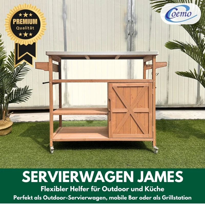 Coemo Servierwagen James aus Holz Kücheninsel/-wagen Tischplatte Edelstahl und Rollen