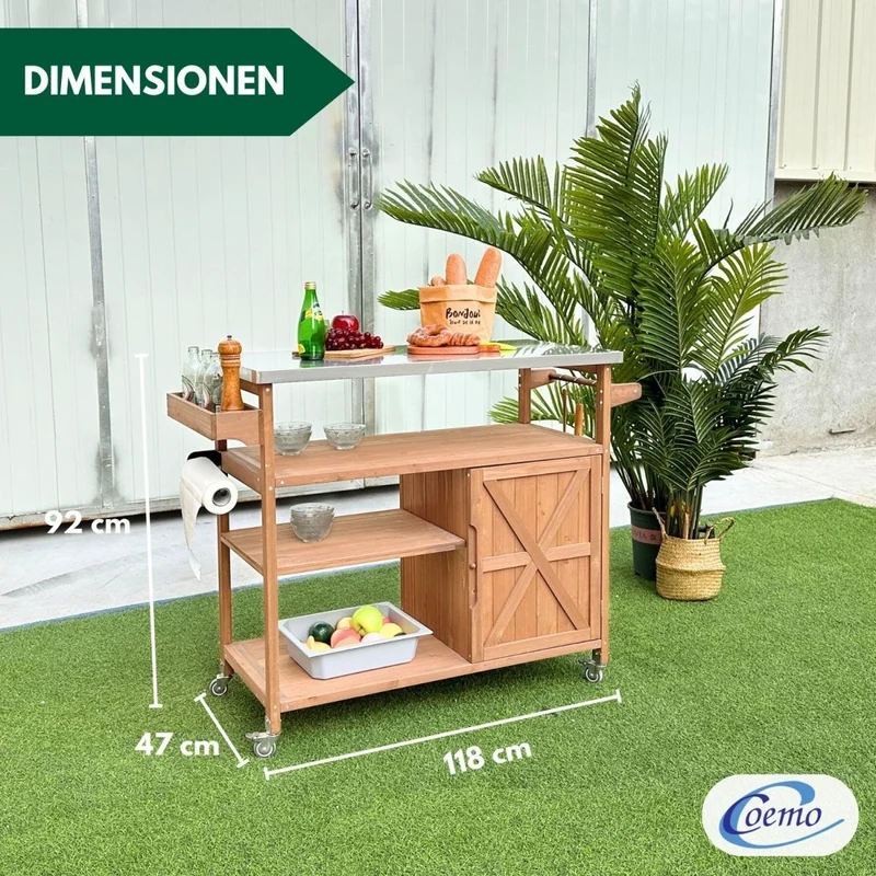 Coemo Servierwagen James aus Holz Kücheninsel/-wagen Tischplatte Edelstahl und Rollen