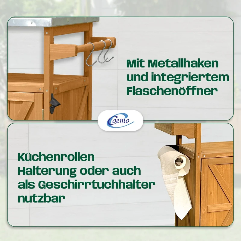 Coemo Servierwagen James aus Holz Kücheninsel/-wagen Tischplatte Edelstahl und Rollen