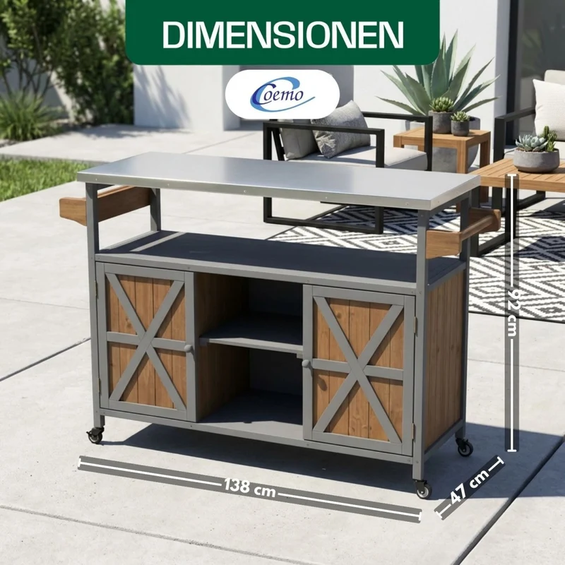 Coemo Servierwagen James aus Holz Kücheninsel/-wagen Tischplatte Edelstahl und Rollen