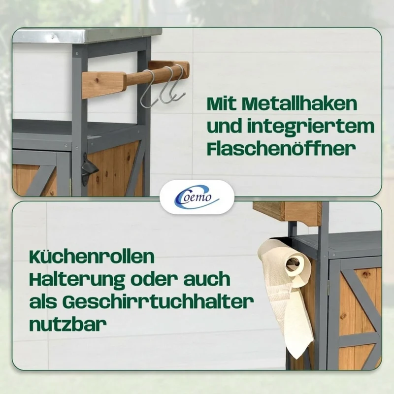Coemo Servierwagen James aus Holz Kücheninsel/-wagen Tischplatte Edelstahl und Rollen