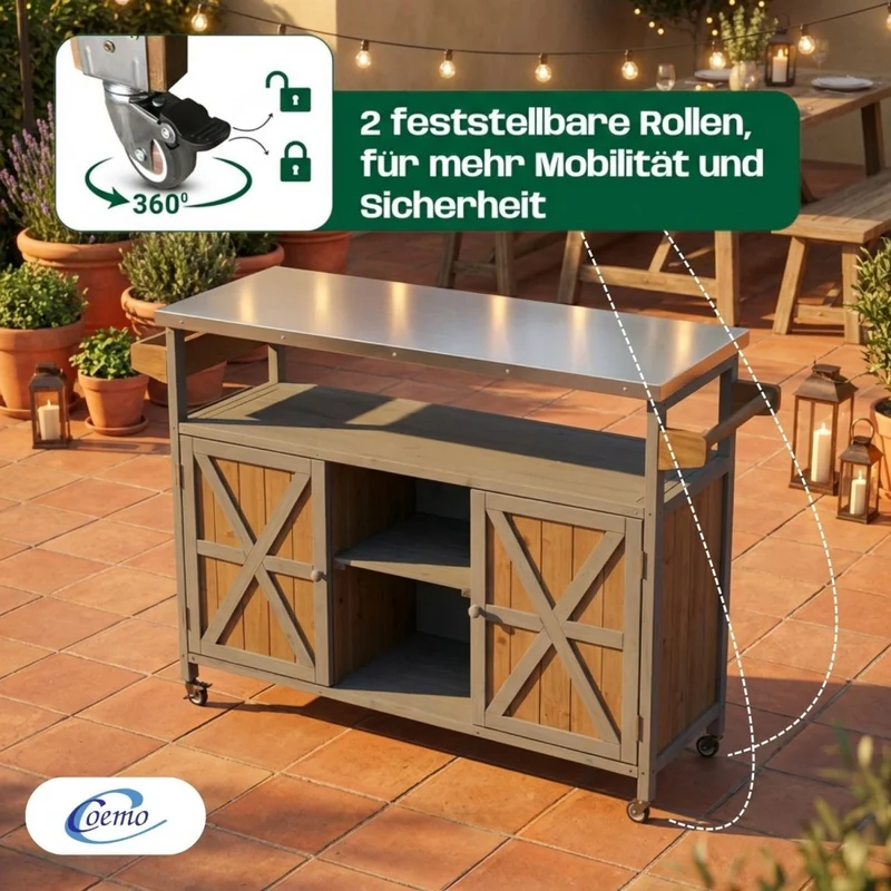 Coemo Servierwagen James aus Holz Kücheninsel/-wagen Tischplatte Edelstahl und Rollen