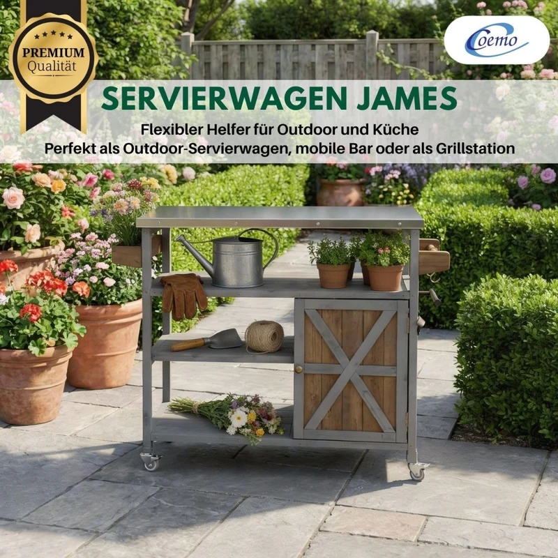 Coemo Servierwagen James aus Holz Kücheninsel/-wagen Tischplatte Edelstahl und Rollen