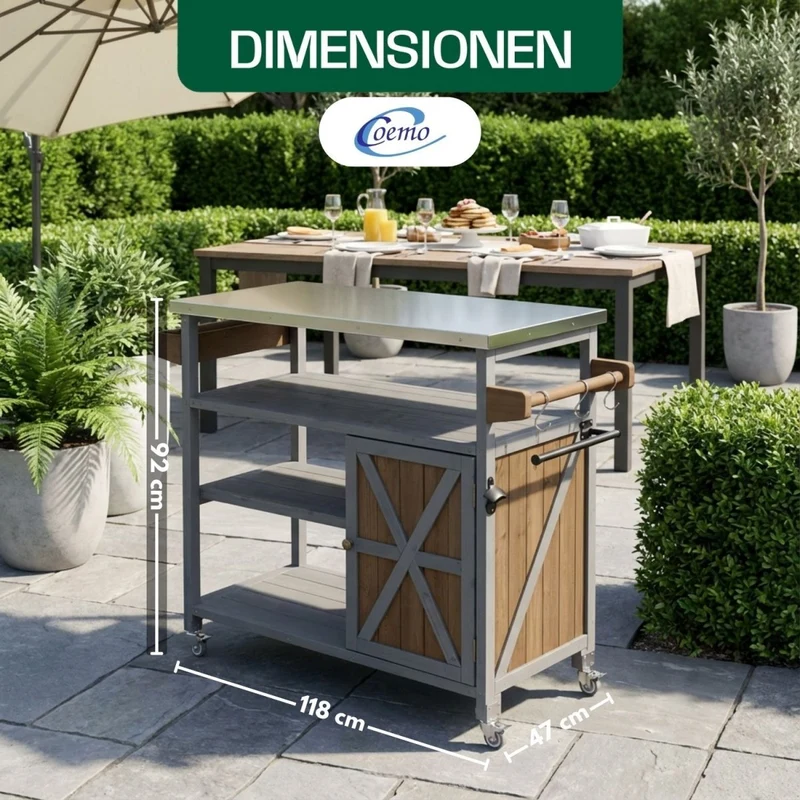 Coemo Servierwagen James aus Holz Kücheninsel/-wagen Tischplatte Edelstahl und Rollen