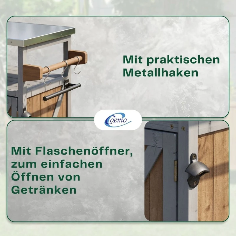 Coemo Servierwagen James aus Holz Kücheninsel/-wagen Tischplatte Edelstahl und Rollen