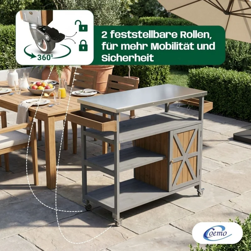 Coemo Servierwagen James aus Holz Kücheninsel/-wagen Tischplatte Edelstahl und Rollen