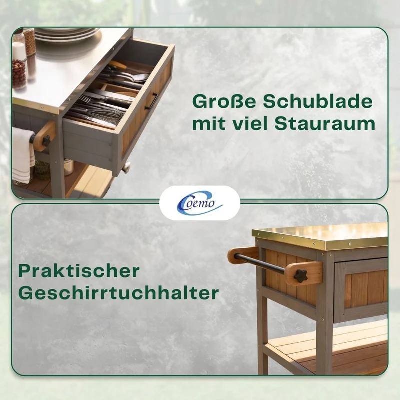 Coemo Servierwagen James aus Holz Kücheninsel/-wagen Tischplatte Edelstahl und Rollen