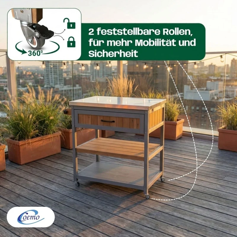 Coemo Servierwagen James aus Holz Kücheninsel/-wagen Tischplatte Edelstahl und Rollen