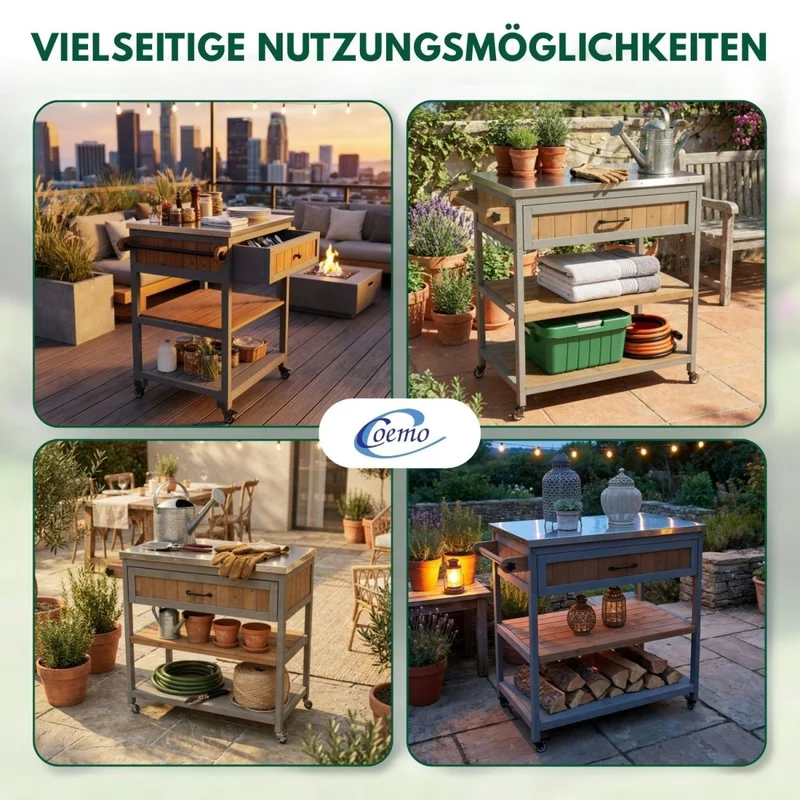 Coemo Servierwagen James aus Holz Kücheninsel/-wagen Tischplatte Edelstahl und Rollen