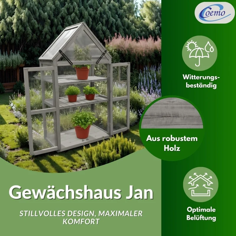 Coemo Gewächshaus Jan mit aufklappbaren Türen und Dach