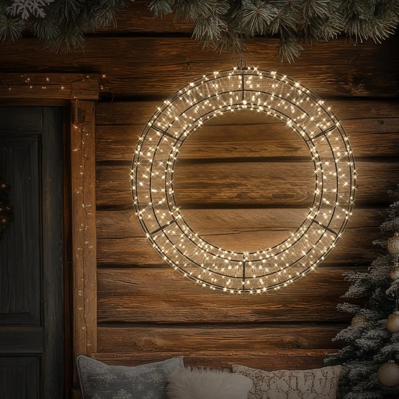 ECD Germany | LED Weihnachtskranz Ø58 cm Warmweiß Weihnachtsdeko mit Lichterkette Lichterkranz Fenster Weihnachtsbeleuchtung Außen 840LED Timer