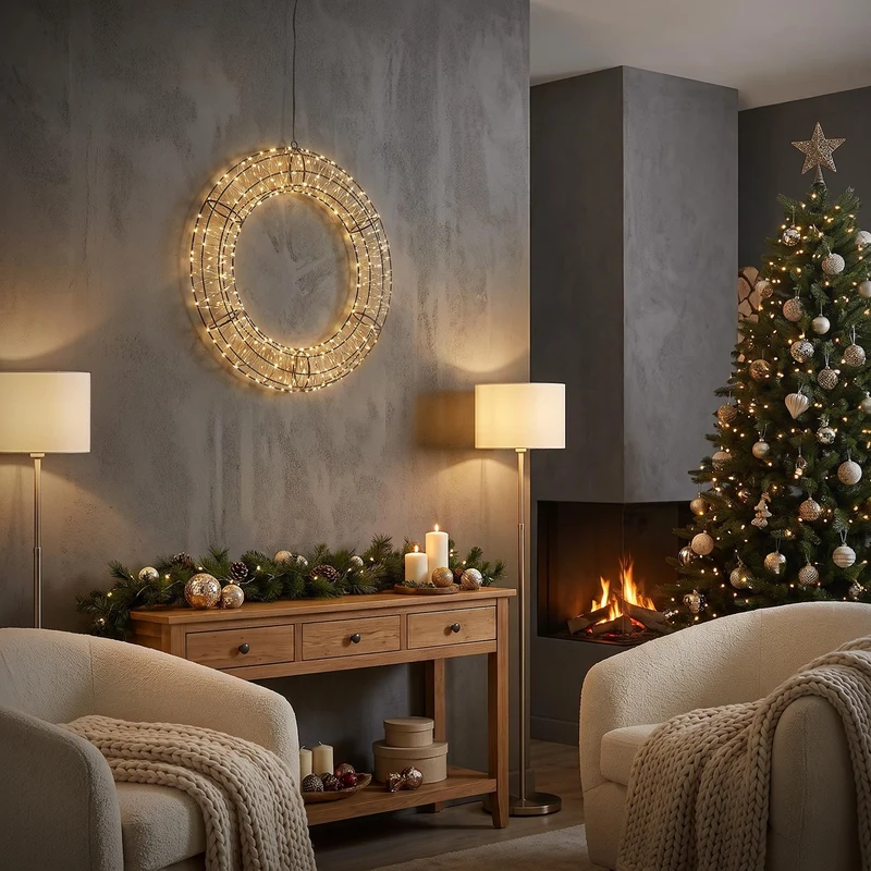 ECD Germany | LED Weihnachtskranz Ø58 cm Warmweiß Weihnachtsdeko mit Lichterkette Lichterkranz Fenster Weihnachtsbeleuchtung Außen 840LED Timer