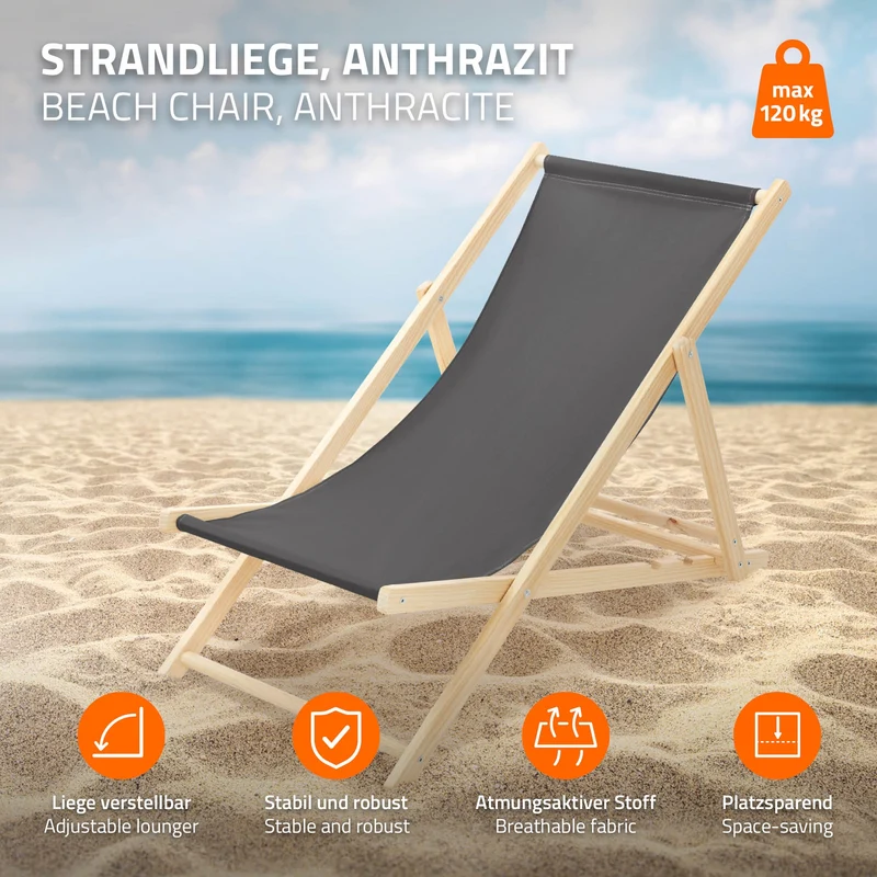 Gartenstuhl Strandliege Liegestuhl Sonnenliege Anthrazit aus Holz klappbar