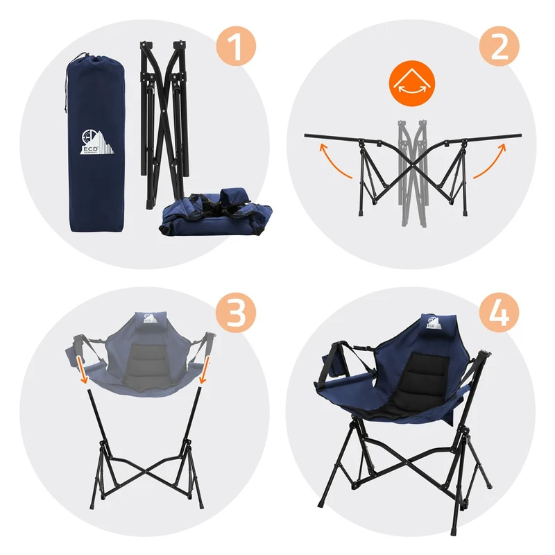 ECD GERMANY | Campingstuhl faltbar mit Stahlgestell Blau Schaukelstuhl bis 150kg Angelstuhl Klappstuhl mit verstellbarer Rückenlehne Faltstuhl Outdoor
