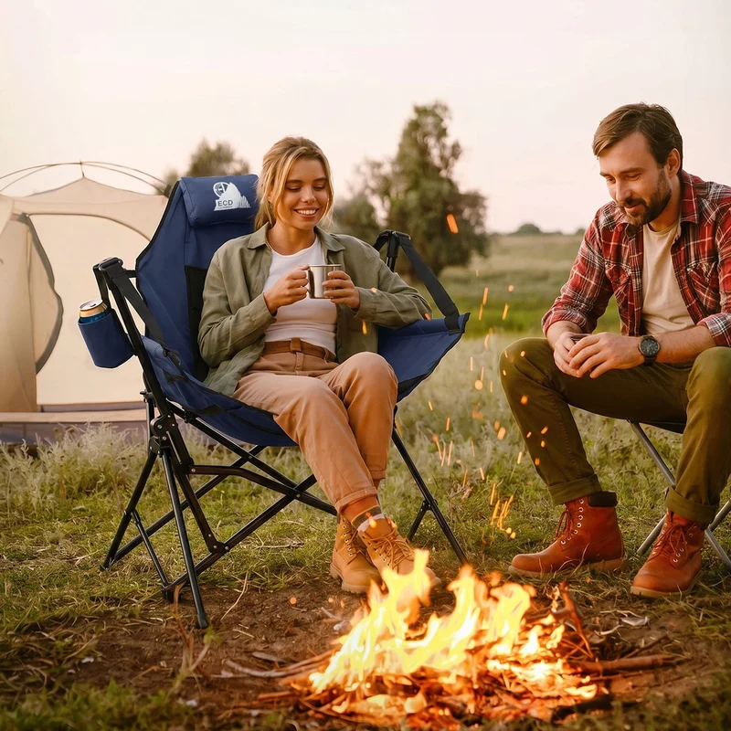 ECD GERMANY | Campingstuhl faltbar mit Stahlgestell Blau Schaukelstuhl bis 150kg Angelstuhl Klappstuhl mit verstellbarer Rückenlehne Faltstuhl Outdoor