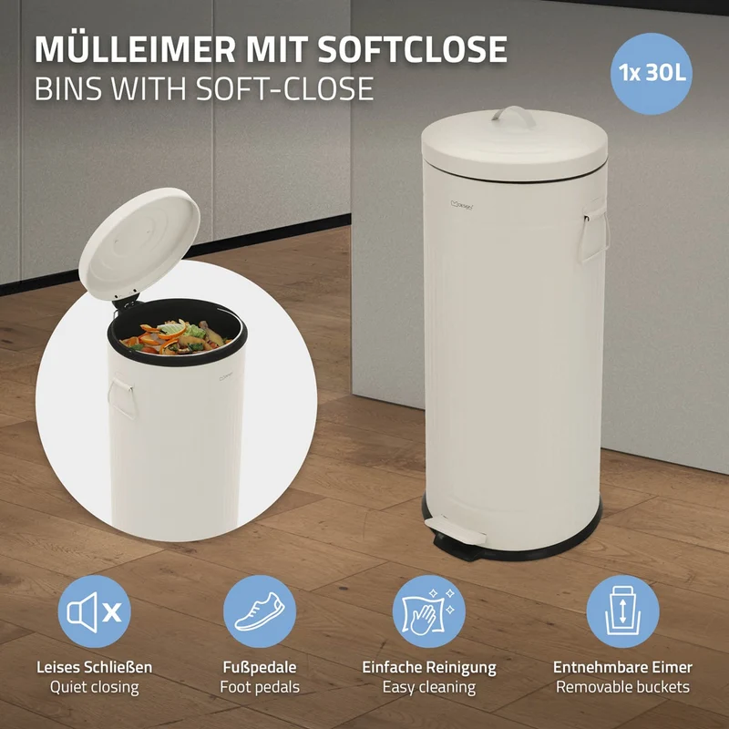 ML-DESIGN | Mülleimer 30L mit Fußpedal & Softclose-Deckel aus Stahl Beige Abfalleimer für Küche Tretmülleimer mit Inneneimer Retro Küchenmülleimer